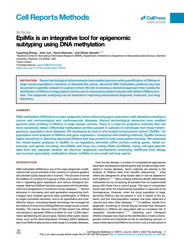 First page of Cell Reports Methods 2023 EpiMix publication